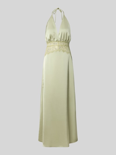 Produktfoto, Maxikleid aus Satin mit Taillenband aus Spitze Modell 'Jasine' von Neo Noir in zartem Gelb, A-Linie, V-Ausschnitt, glatte Textur