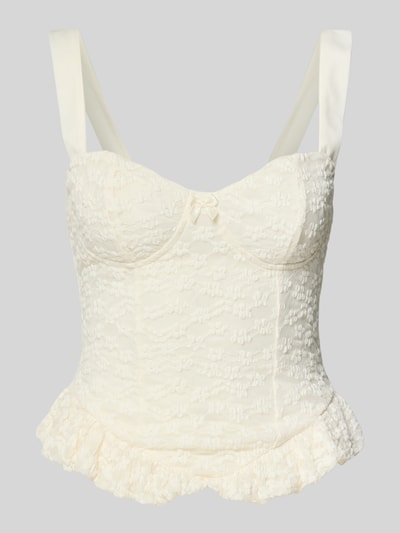 Produktfoto, Slim Fit Top mit Allover-Spitzenbesatz von Gina Tricot in Creme mit Zierschleife, Spaghettiträger, Rückenlänge bei Größe S 24 cm, Textur mit floraler Spitze und Volantabschluss.
