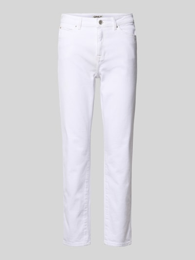 Produktfoto, Straight Fit Jeans aus Baumwoll-Mix Modell 'EMILY' von ONLY, biała, jednolita, krój straight fit, wysoki stan, 5 kieszeni, bawełniany materiał, label patch, szlufki, zapięcie na guzik i ukryty zamek.