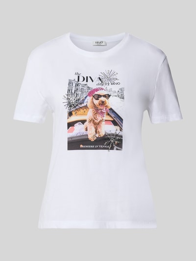Produktfoto, Slim Fit T-Shirt mit Strasssteinbesatz von Liu Jo White in Weiß, reine Baumwolle, Rundhalsausschnitt, Paillettenbesatz, Vorderseite mit Motiv, Rückenlänge bei Größe S 58 cm