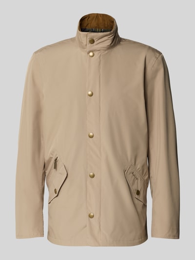 Productfoto, Regular Fit Hemdjacke mit Stehkragen van Barbour in effen beige met lange mouwen, staande kraag, rits- en klepzakken, label patch, binnenkant geruit