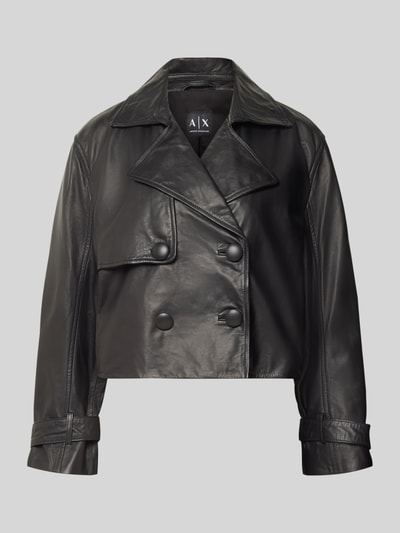 Produktfoto, Cropped Lederjacke aus echtem Leder von Armani Exchange in Schwarz, Doppelreiher, Reverskragen, Ärmelriegel, lockere Passform, echtes Schafsleder
