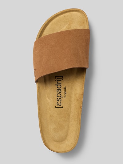 Produktfoto, Sandalette aus Leder Modell 'COPINE VELOUR' von Espadrij in braun mit breitem Riemen, Gummisohle, Absatz 3 cm, Schlupfform.