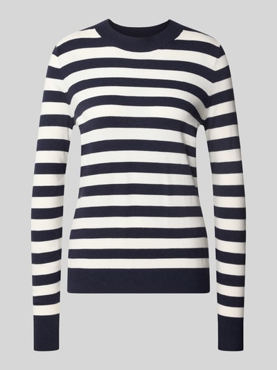 Produktfoto, Strickpullover mit Rundhalsausschnitt von Christian Berg Woman im Viskose-Mix, taillierter Schnitt, navy-weiß gestreift, gerippte Abschlüsse.