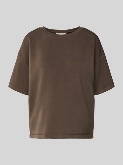 Produktfoto, damski t-shirt T-Shirt mit Rundhalsausschnitt Modell 'Helle' von My Essential Wardrobe, mieszanka materiałów z dodatkiem wiskozy, pudełkowy krój, okrągły dekolt, lekko opadające ramiona, długość tyłu w rozmiarze XS/S: 60 cm, jednolity brązowy kolor, gładka tekstura