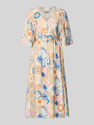 Produktfoto, Tunikakleid aus Viskose-Mix mit Leinen-Anteil Modell 'LANCIE' von ICHI, bunte Muster in Blau, Orange, Creme, A-Linie, Midikleid, V-Ausschnitt, Knopfleiste, Allover-Look, glatte Textur