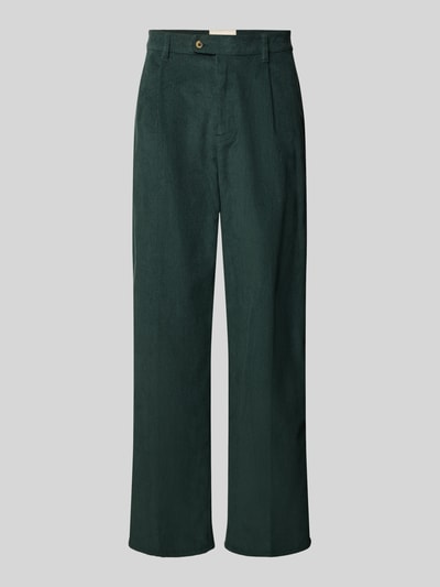 Produktfoto, spodnie sztruksowe z bawełny, szerokie nogawki, kieszenie z tyłu, Cordhose mit Gesäßtaschen Modell 'Script' od BLKVIS, szerokość w pasie 42 cm, długość wewnętrzna nogawki 77 cm, kolor ciemnozielony, tekstura sztruksowa