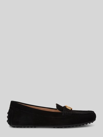 Produktfoto, schwarzer Damen Slipper mit Label-Detail Modell 'BARNSBURY' von Lauren Ralph Lauren aus echtem Leder, strukturierte Sohle, abgerundete Spitze