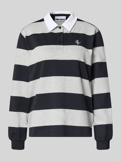 Produktfoto, Polo-Langarmshirt mit Streifen und kontrastiger Knopfleiste von Review, Regular-Fit Reine Baumwolle, gesticktes Logo in Kontrastfarbe