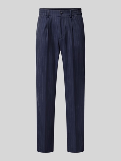 Produktfoto, dunkelblaue Wide Leg Anzughose mit Viskose-Anteil von s.Oliver BLACK LABEL, feine weiße Nadelstreifen, glatte Textur