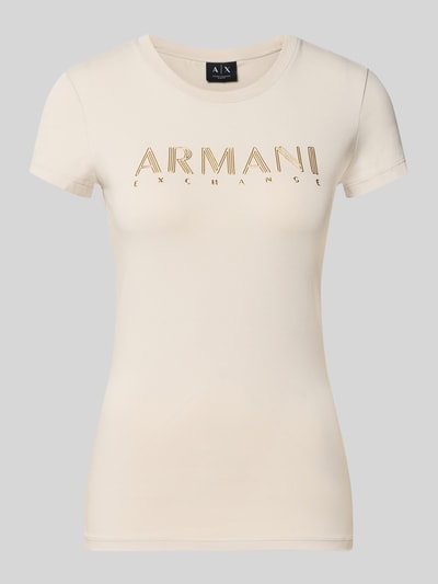 Productfoto, Slim Fit T-Shirt met Label-Print van Armani Exchange in crème, mix van katoen en elastaan, ronde hals, ruglengte maat S 54 cm