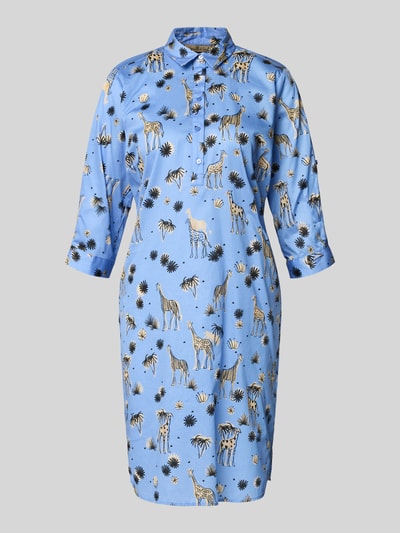 Produktfoto, Relaxed Fit Kleid mit Allover-Motiv-Print von Smith and Soul in Blau mit Tiermotiven, Reine Baumwolle, Umlegekragen, Halbarm, Knopfleiste