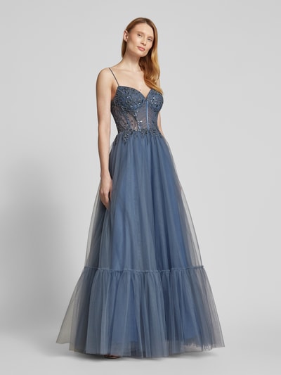 Luxuar Abendkleid mit Zierstein- und Paillettenbesatz Rauchblau 1