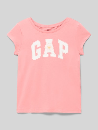 Produktfoto, T-Shirt mit Logo und Rundhalsausschnitt von GAP, dziecięcy t-shirt z bawełny, krój regular fit, logo, okrągły dekolt, długość tyłu w rozmiarze 116: 41 cm, różowy kolor, gładka tekstura