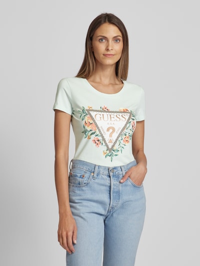 Guess T-shirt z nadrukowanym motywem i logo model ‘TRIANGLE FLOWERS’ Miętowy 4