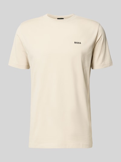 Produktfoto, Regular Fit T-Shirt aus Baumwoll-Mix von BOSS Green w kolorze jednolitym, z krótkim rękawem, okrągłym dekoltem, detal z logo, materiał bawełniany