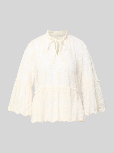 Produktfoto, Regular Fit Bluse aus Baumwoll-Mix von Milano Italy, florale Spitze, Stehkragen mit Rüschen, cremefarben, 3/4-Arm
