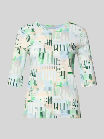Produktfoto, Slim Fit Longsleeve mit Rundhalsausschnitt van Marc Cain, dames shirt met lange mouwen, katoenprint, halflange mouwen, ruglengte maat 36: 56 cm, abstract patroon in pastelgroen, beige en wit, gladde stof