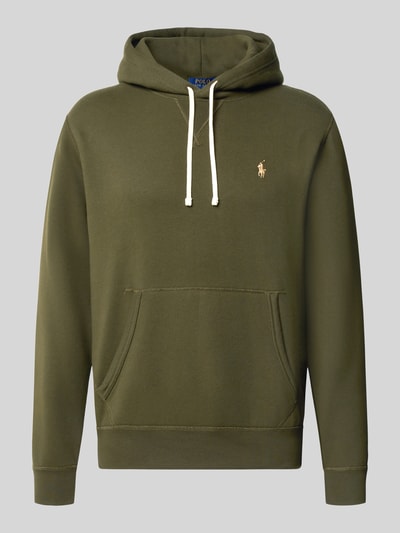 Produktfoto, Regular Fit Hoodie aus Baumwoll-Mix von Polo Ralph Lauren in Olivgrün mit Logo-Stickerei, Kängurutasche und Zugband.