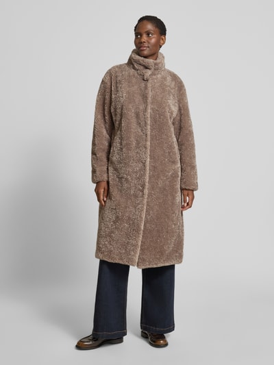 WHITE LABEL Regular fit lange jas van teddybont met opstaande kraag Taupe - 4