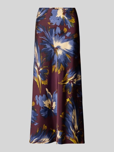 Produktfoto, Midi-Rock aus Satin Modell 'Ve44rona' von ZABAIONE, A-Linie, elastischer Bund, florales Muster in Blau, Gelb und Creme, Damenrock