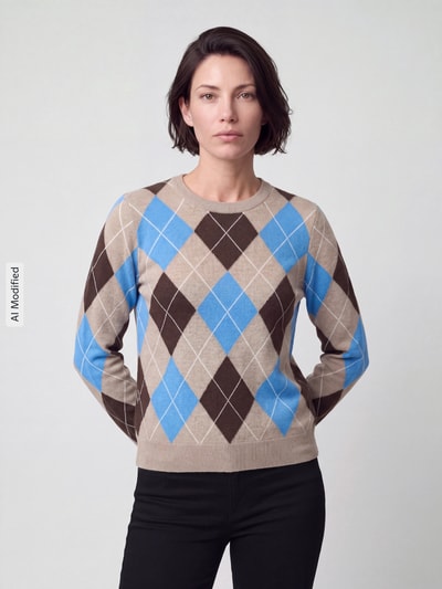 Frauenmodel trägt Regular Fit Pullover aus reinem Kaschmir von Jake*s Casual mit Rauten in Beige, Blau und Braun, Nahaufnahme Oberkörper, KI-modifiziertes Bild