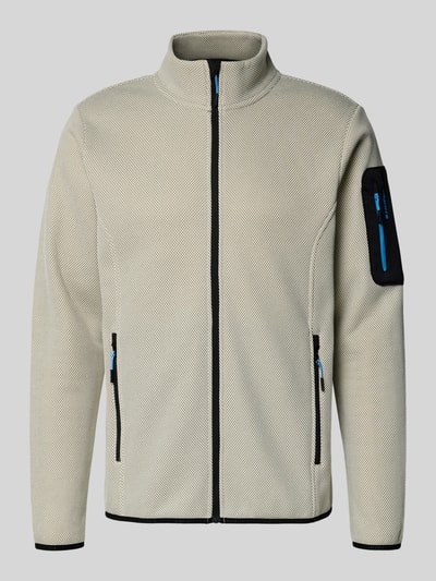 Produktfoto, Regular Fit Fleecejacke mit Stehkragen Modell 'BREDSTEDT' van Icepeak, zandkleur met zwarte en blauwe ritssluitingen, textuur is fijn.
