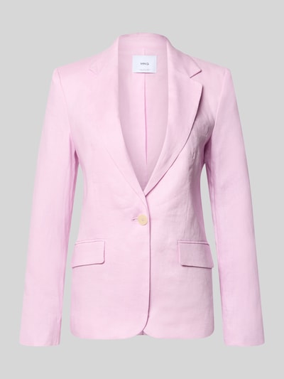 Produktfoto, Slim Fit Blazer aus Leinen mit Pattentaschen Modell 'BORELI' von Mango in zartem Rosa, Reverskragen, Knopfverschluss, Struktur von Leinen, Rückenlänge 65 cm, Brustweite 45 cm, Ärmellänge 63 cm bei Größe 36.