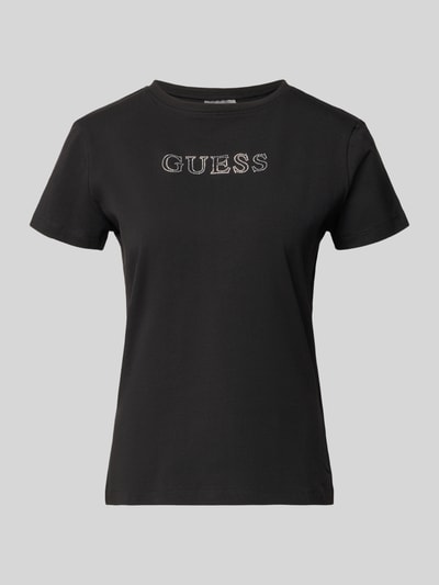 Produktfoto, schwarzes T-Shirt mit Logo Modell 'BRIANA' von Guess Activewear, Ziersteinbesatz, Rundhalsausschnitt, Baumwoll-Elasthan-Mix, Regular Fit