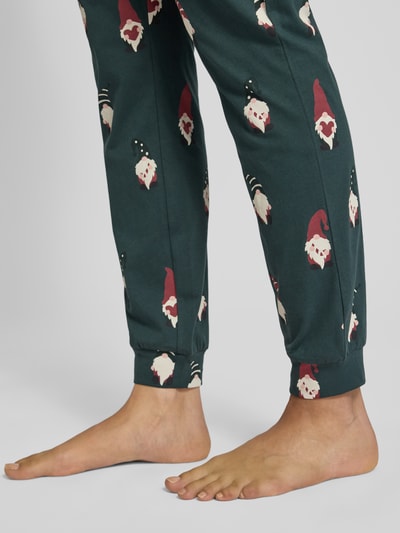 Jake*s Casual Pyjamabroek met elastische band en tunnelkoord Donkergroen - 3
