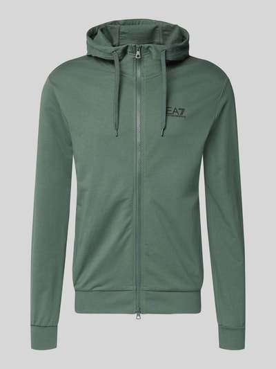 Produktfoto, Slim Fit Sweatjacke mit Kapuze von EA7 Emporio Armani in Grün, Baumwoll-Mix, Logo-Print, elastische Abschlüsse, Zweiwegereißverschluss, Eingrifftaschen