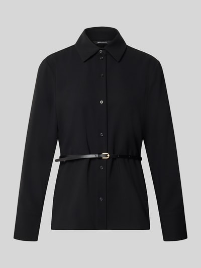 Produktfoto, Hemdbluse mit integriertem Gürtel von Armani Exchange in Schwarz, taillierte Passform, Hemdblusenkragen, Langarm, durchgehende Knopfleiste, Damen Hemdbluse von Armani Exchange, Rückenlänge 67 cm, Ärmellänge 60 cm