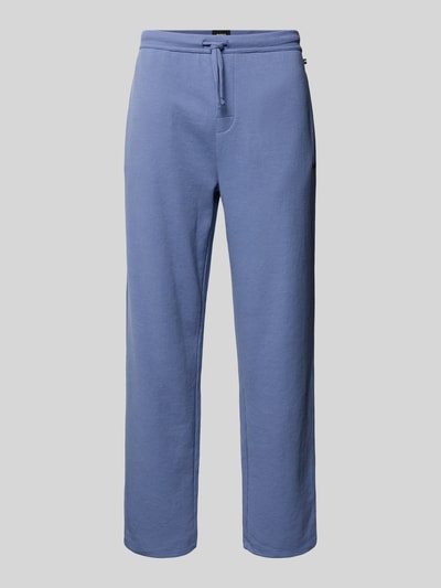 Produktfoto, Relaxed Fit Sweatpants aus katoenmix van BOSS in effen blauw met wafelstructuur, labelstitching, tunnelkoord, elastische boord, zij-steekzakken.