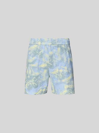Produktfoto, Badehose mit Strukturmuster von MAISON KITSUNÉ für Herren in Hellblau und Gelb, Gerade Passform, Elastikbund, Eingrifftaschen, Gesäßtaschen, Innenbeinlänge 13 cm, Bundweite 42 cm, Größe M