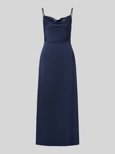 Produktfoto, Abendkleid aus Satin Modell 'RAVENNA' von VILA, dunkelblau, gerader Schnitt, wasserfallartiger Ausschnitt, Spaghettiträger, Midikleid, glatte Textur.