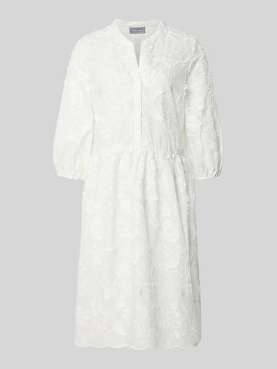 Produktfoto, Knielanges Kleid mit Stitchings und 3/4-Arm von WHITE LABEL aus reiner Baumwolle in A-Linie mit Tunikakragen, weiße florale Musterstruktur