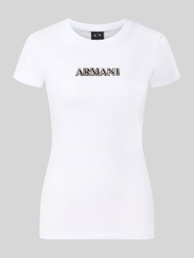 Produktfoto, Slim Fit T-Shirt aus Baumwolle von Armani Exchange in Weiß mit Rundhalsausschnitt und Strasssteinbesatz, Reine Baumwolle