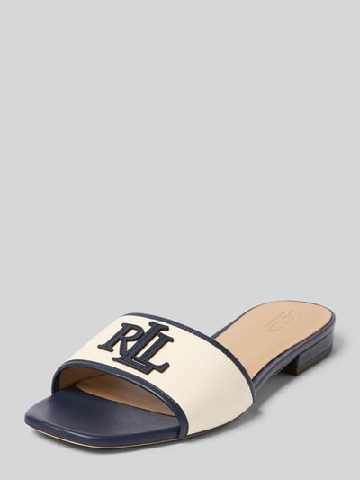 Produktfoto, Pantolette mit Logo-Applikation Modell 'EVERLEY' von Lauren Ralph Lauren in Optik: Unifarben, Schuhspitze eckig, Absatzform Blockabsatz, Verschluss: Schlupf/offen, Sohle leicht strukturiert, Materialverarbeitung Glattleder, Material echtes Rindsleder.