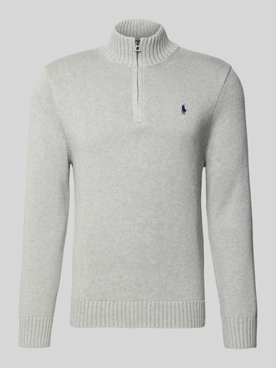 Produktfoto, Troyer mit Label-Stitching von Polo Ralph Lauren in Hellgrau, Reine Baumwolle, Regular-Fit, Gerippte-Abschlüsse, Stehkragen, kurzer Reißverschluss