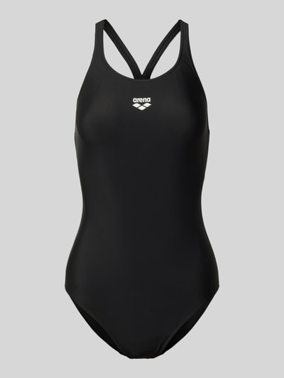 Produktfoto, schnelltrocknender Badeanzug Modell 'Dynamo R' von Arena in Schwarz, glatte Oberfläche, sportliche Form, MaxFit Eco Material, chlor- und salzwasserbeständig, UV-Schutz, körpernahe Passform, hergestellt mit recyceltem Polyamid.