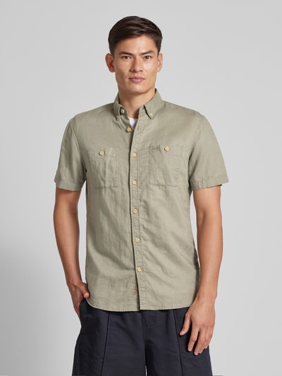 camel active Koszula casualowa z mieszanki lnu i bawełny z kołnierzykiem typu button down Khaki 4