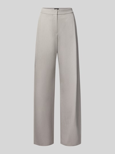 Produktfoto, Straight Fit Hose mit Viskose-Anteil von Emporio Armani in Hellgrau mit Bundfalten und elastischem Stoff, neutraler Hintergrund.
