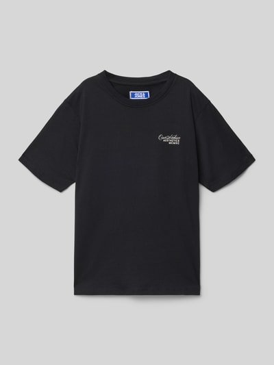 Produktfoto, Kinder T-Shirt mit Label-Print Modell 'ROAR' von Jack & Jones, schwarze Reine Baumwolle, Regular-Fit, gerippter Rundhalsausschnitt, Rückenlänge 52 cm bei Größe 140