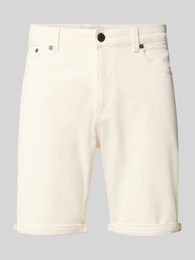 Produktfoto, Jeansshorts mit Umschlag und Eingrifftaschen Modell 'RICK ALLEN' von Jack & Jones in Weiß, glatte Baumwoll-Elasthan-Struktur, Regular Fit, sichtbare Knöpfe und Nähte, Hosenschlitz vorne. Kontext: Herren Jeansshorts; Bundweite 43 cm, Innenbeinlänge 20 cm bei Größe M.
