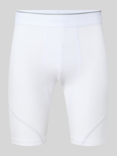 Produktfoto, Radlerhose mit elastischem Bund und Label-Details von Under Armour, weißer Material-Mix mit Stretch-Anteil, körpernahe Passform, Modell 'Elite', Bundweite 36 cm, Innenbeinlänge 20 cm, glatte Textur.