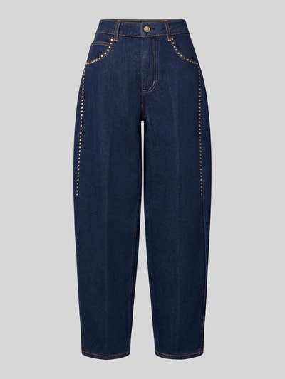 Produktfoto, Barrel Fit Jeans aus reiner Baumwolle mit Strasssteinbesatz von Liu Jo White, dunkles Blau, verkürzte Passform, 5-Pocket-Design, glatte Denim-Textur