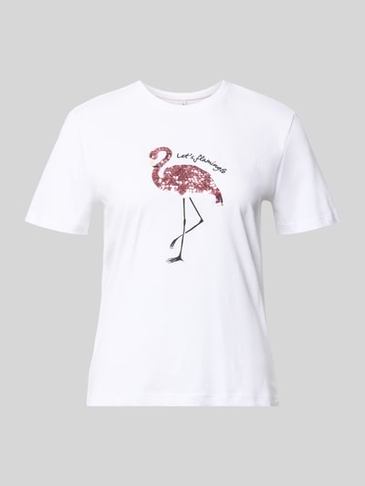 Produktfoto, weißes Regular Fit T-Shirt aus reiner Baumwolle Modell 'KITA' von Only, mit rosa Flamingo-Motiv und glatter Textur. Damen T-Shirt von Only