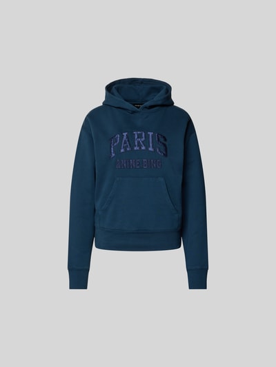 Produktfoto, Regular Fit Hoodie mit Logo-Stitching von Anine Bing in Blau aus reiner Baumwolle, Känguru-Tasche, elastische Abschlüsse