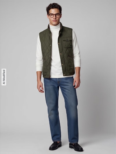 Mannelijk model draagt witte regular fit coltrui van puur katoen, productnaam Regular Fit Rollkragenpullover aus reiner Baumwolle van Polo Ralph Lauren, Heren coltrui, blauwe jeans en groene gewatteerde bodywarmer, Ganzkörperansicht van voren, KI-modifiziertes Bild.