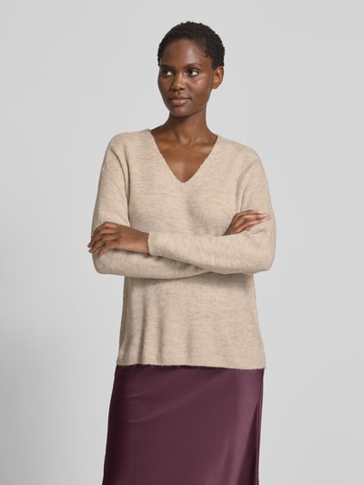 VERO MODA Regular fit gebreide pullover met V-hals, model 'CREWLEFILE' Zand gemêleerd - 4